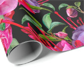 Papier Cadeau Aquarelle rose et noire Fuchsia Blooms (Coin rond)