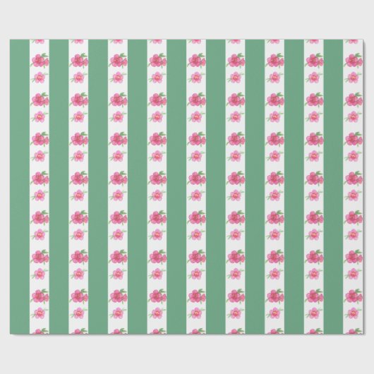 Papier Cadeau Aquarelle rose et vert Fleurs et rayures (Plat)