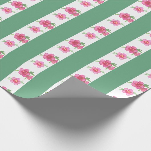 Papier Cadeau Aquarelle rose et vert Fleurs et rayures (Coin)