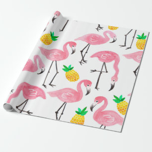 Papier Cadeau Aquarelle rose flamant rose et ananas jaune