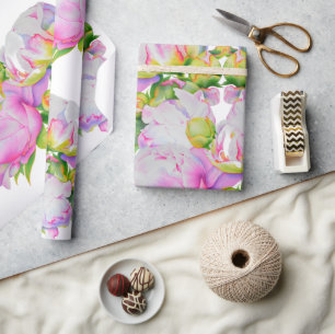 Papier Cadeau Aquarelle rose fleurie rose pivoines blanc floral
