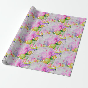 Papier Cadeau Aquarelle rose fleurie rose pivoines blanc floral