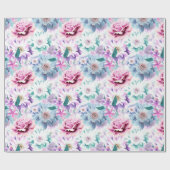 Papier Cadeau Aquarelle rose, fleurs bleues. (Plat)