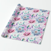 Papier Cadeau Aquarelle rose, fleurs bleues. (Déroulé)