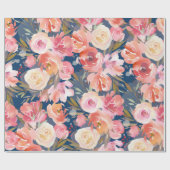 Papier Cadeau Aquarelle rose florale sur bleu (Plat)