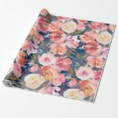 Papier Cadeau Aquarelle rose florale sur bleu (Déroulé)