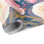 Papier Cadeau Aquarelle rose florale sur bleu (Coin rond)