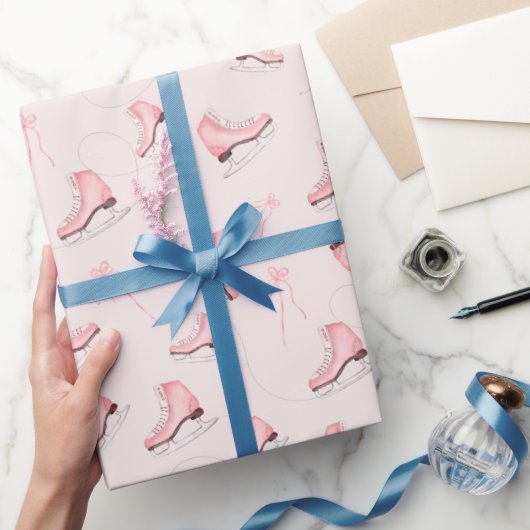 Papier Cadeau Aquarelle rose hiver patins à glace chaussures mot (Cadeaux)