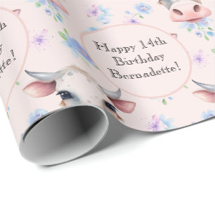 Papier Cadeau Aquarelle rose mignon Style Vache ferme animal tex