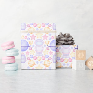 Papier Cadeau Aquarelle rose mignonne Astronautes de l'espace An