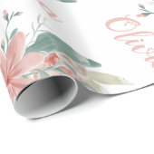 Papier Cadeau Aquarelle rose pâle florale Baby Girl Name script (Coin rond)