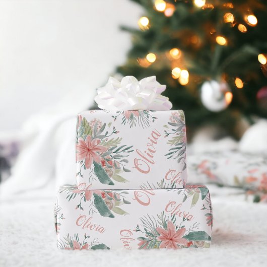 Papier Cadeau Aquarelle rose pâle florale Baby Girl Name script