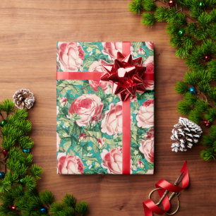 Papier Cadeau Aquarelle Rose & Rose Rouge Fleurs & Feuilles vert