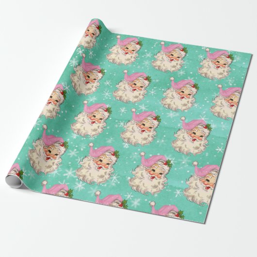 Papier Cadeau Aquarelle rose vintage Père Noël Retro (Déroulé)