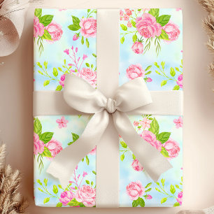 Papier Cadeau Aquarelle Roses Anglaises Floral sur Fond Bleu