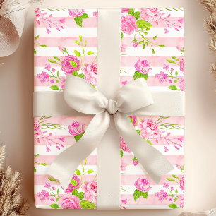 Papier Cadeau Aquarelle Roses Anglaises Rayures Roses Blanches