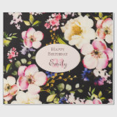 Papier Cadeau Aquarelle Roses rose et jaune sur Noir, Anniversai (Plat)