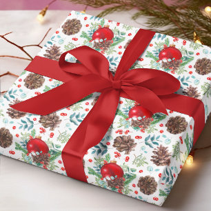 Papier Cadeau Aquarelle Rouge Baubles Cônes de Pin Noël Floral