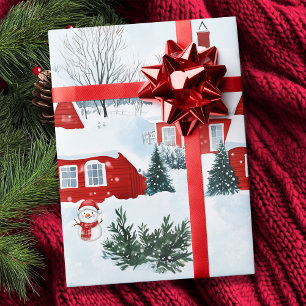 Papier Cadeau Aquarelle Rouge Nordique Maisons Snowman Noël