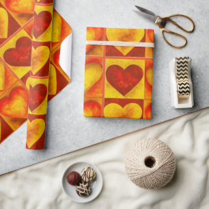 Papier Cadeau Aquarelle rouge orange Painted Hearts Love