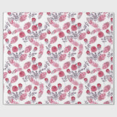 Papier Cadeau Aquarelle rouge roses fleurs plumes blanc (Plat)