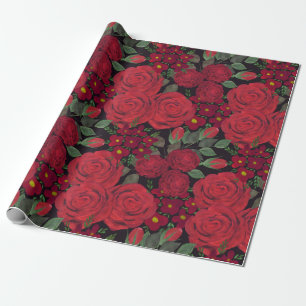 Papier Cadeau Aquarelle rouge roses sur le noir,