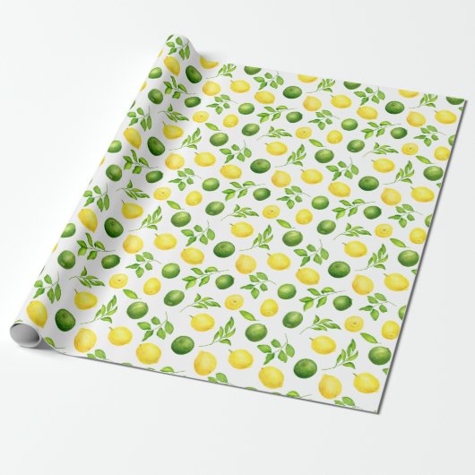 Papier Cadeau Aquarelle rustique Citrons Limes & Motif de verdur (Déroulé)