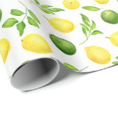 Papier Cadeau Aquarelle rustique Citrons Limes & Motif de verdur (Coin rond)