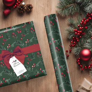 Papier Cadeau Aquarelle rustique de Noël vert foncé Botanique