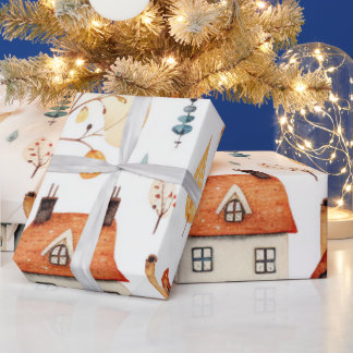 Papier Cadeau Aquarelle rustique Homes et arbres Enveloppement P