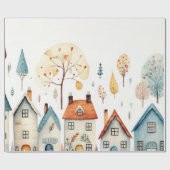 Papier Cadeau Aquarelle rustique Homes et arbres Enveloppement P (Plat)