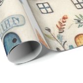 Papier Cadeau Aquarelle rustique Homes et arbres Enveloppement P (Coin rond)