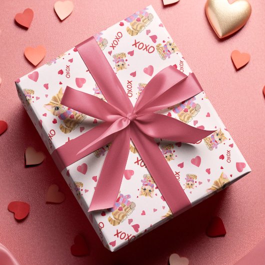 Papier Cadeau Aquarelle Saint Valentin Kitty XOXO Motif