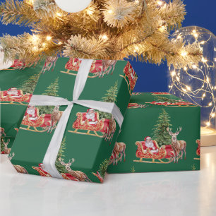 Papier Cadeau Aquarelle Santa Claus, Reindeer Green Christmas