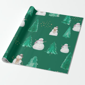 Papier Cadeau Aquarelle sapins de Noël avec bonhomme de neige