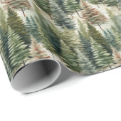 Papier Cadeau Aquarelle sauge pins verts hiver forêt (Coin rond)