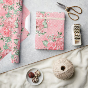 Papier Cadeau Aquarelle Shabby Chic Roses roses et pois roses