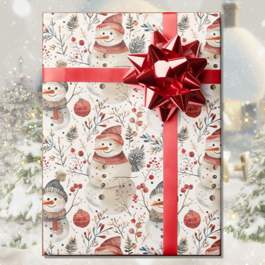 Papier Cadeau Aquarelle Snowman Noël Pays Cottage