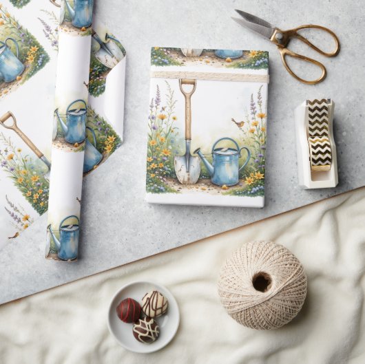 Papier Cadeau Aquarelle Style Garden Gardener outils (Artisanat)