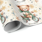 Papier Cadeau Aquarelle Teddy Bear Stars Vert Vélo Beau (Coin rond)