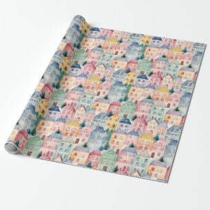 Papier Cadeau Aquarelle transparente motif avec maisons