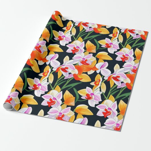 Papier Cadeau Aquarelle Tropical Orange Orchid Flora (Déroulé)