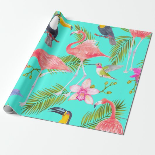 Papier Cadeau Aquarelle tropicale oiseaux sans couture motif (Déroulé)