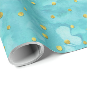 Papier Cadeau Aquarelle Turquoise Faux Gold Cadeau Pois