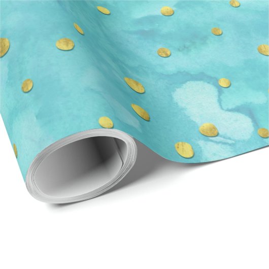 Papier Cadeau Aquarelle Turquoise Faux Gold Cadeau Pois (Coin rond)