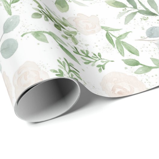 Papier Cadeau Aquarelle vert et fleurs blanches Motif (Coin rond)