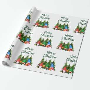 Papier Cadeau Aquarelle vert Script Brush Gnomes Arbres