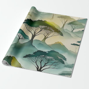 Papier Cadeau Aquarelle Verte Arbres À Thème Et Paysage De Colli
