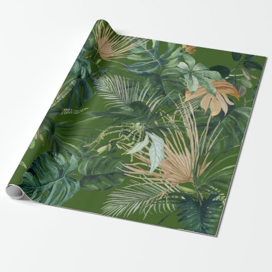 Papier Cadeau Aquarelle verte Feuilles tropicaux (Déroulé)