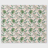 Papier Cadeau Aquarelle verte Feuilles tropicaux Fleurs blanches (Plat)
